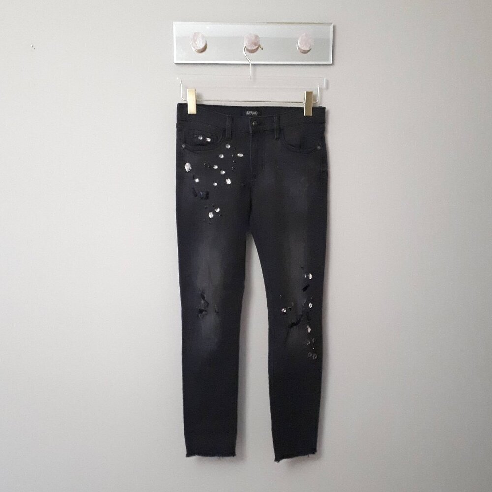 EUC Buffalo black denim mid rise skinny stretch crystal embellished jeans, 27